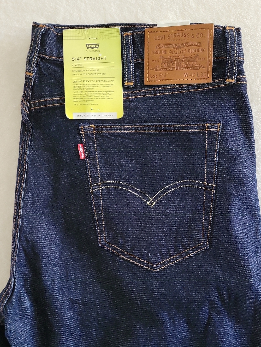 Levi’s 514 Straight Jeans Men's 40x32 Dark Blue Wash New NWT Stretch Performance